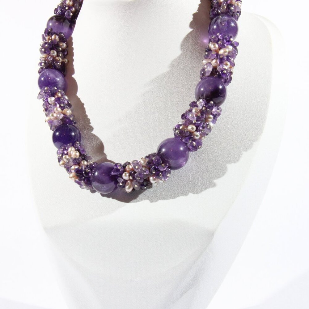 Sterling Silver .925 Amethyst and Pearl Stone Necklace - Picture 3 of 11